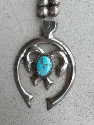 Vintage Sterling Silver Navajo Necklace Sandcast Naja with Turquoise 28 