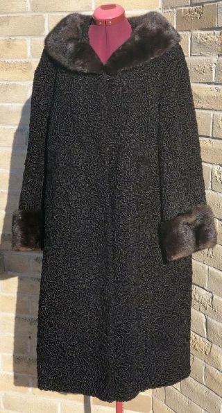 Vintage Astrakin Curly Persian Lamb Coat Mink Fit Collar/cuff Over Coat Black Lg