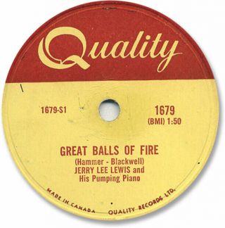 1958 Jerry Lee Lewis Rock’n Roll 78 Rpm Record.  Great Balls Of Fire