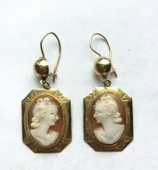 Vintage 14k Solid Yellow Gold Dangle Cameo Earrings 5.  4 Grams