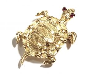 Vintage Solid 14k Yellow Gold Turtle Brooch Pin - Ruby Eyes - Signed Df