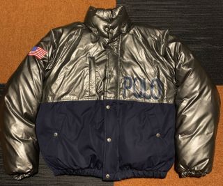 Vintage Polo Sport Down Puffer Jacket Metallic Silver Navy Men’s Size M 90s