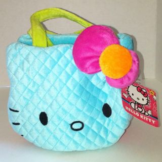 Hello Kitty Plush Neon Handbag - Blue With Red Bow
