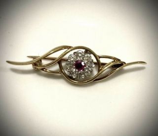 Vintage Solid 18ct Gold,  Diamond And Ruby Brooch