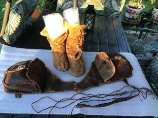 Vintage 1850s Set Of Western Leather Saddle Bags & Lined Boot Moccasin Handmade