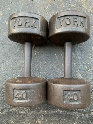 Vintage York 40 Pound Dumbbells Pre - Usa Roundhead 40 Lb Total Weight 80 Lb