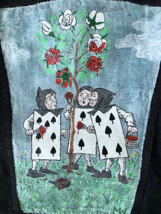 Denim Jean Reminisence Jacket Alice In Wonderland Painting The Roses Red S Black