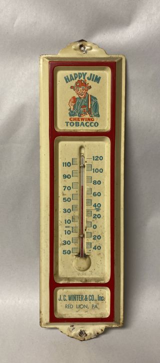 Vintage Happy Jim Chewing Tobacco Metal Advertising Thermometer Sign