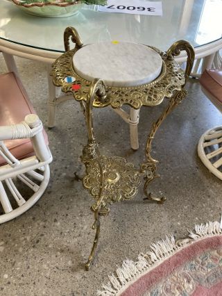Vintage Victorian Brass & Marble Plant Stand Ornate Swan Head Kacy Filigree