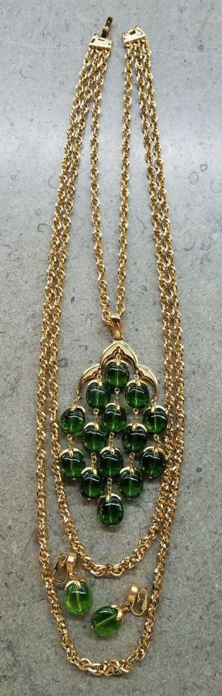 Vintage Crown Trifari Necklace & Earrings,  Gold Tone Chain & Green Glass Beads
