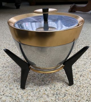 Vintage Mid Century Modern Mirro Bullet Ice Bucket Tripod Stand Atomic