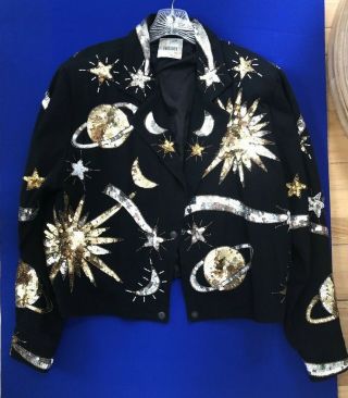 Vintage Just Fabulous Sequin Jacket Outer Space Planets Stars Rare Size L