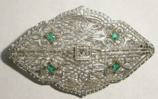 Antique Victorian 14k White Gold Filigree Brooch Pin Diamond Emeralds