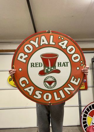 Large Vintage Royal 400 Oil Red Hat Porcelain Metal Sign 30 " Oil Gas