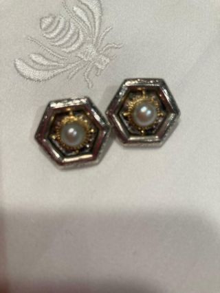 Konstantino Rare Vtg Pearl Clip Earrings Sterling Silver 18k Gold