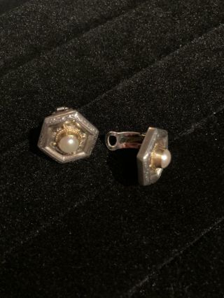 Konstantino rare Vtg Pearl Clip Earrings Sterling Silver 18K Gold 3