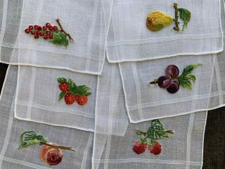 6 Vintage Cocktail Napkins French Beauvais Embroidered Mixed Fruit