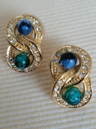 Vtg Signed C Dior 14k Gold Plated Earring W/ Cabochon & Aust Crystl 34