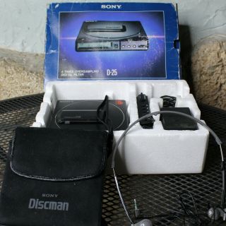 Vintage Sony D - 25 Discman Cd Player Box Headphones Adapter Case Remote