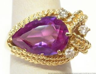 Alexandrite Like Syn Sapphire Ring 14k Gold Diamond Lady Vintage Rope Motif 9gr