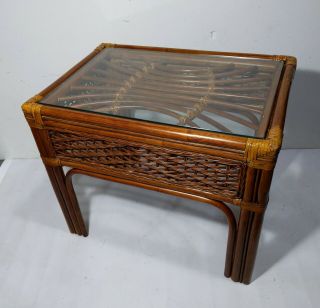 Vintage Bentwood Bamboo End Table,  Glass Boho Wicker Rattan Mid Century Modern