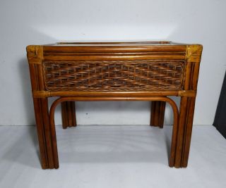 Vintage Bentwood Bamboo End Table,  Glass Boho Wicker Rattan Mid Century Modern 4