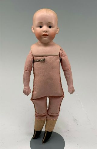 Vintage 10 - 1/2 " German Heubach Bisque Head & Shoulders Boy Doll,  Orig.  Cloth Body