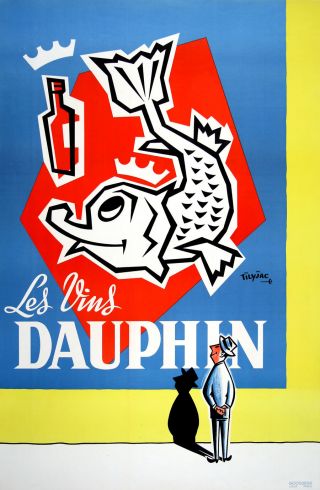 Vintage French Wine Poster Les Vins Dauphin C1950 Midcentury Modern