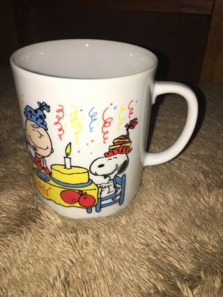 Vintage Peanuts Snoopy Woodstock Ceramic Mug " Happy Birthday "