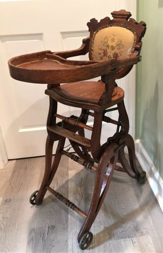 Rare 1890s Mechanical Vintage Wooden High Chair W/ Tray & Converts Into A Rocker