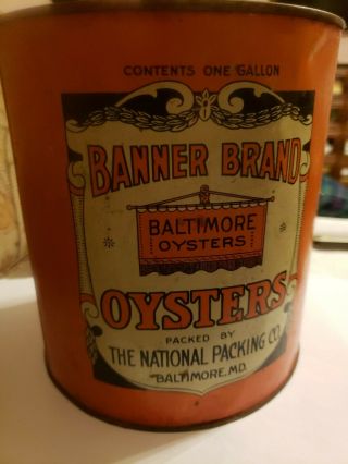 Vintage 1920s Banner Brand Baltimore Oysters 1 Gal Can Cool Graphics