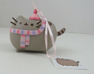 Pusheen The Cat Winter Hanging Ornament 3x2 Inch Grey Tabby Pink Hat & Scarf
