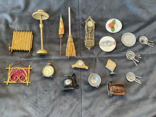 Group Of Antique Doll House Furniture,  Telephone,  Clock,  Some German