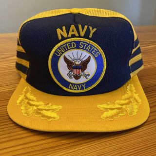 Vintage Navy Gold Leaf Mesh 3 Stripe Trucker Hat Cap Snapback Usa Made