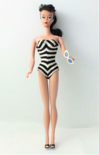 Vintage 1961 Ponytail 5 Brunette Barbie Doll Swimsuit Eyeglass Mules