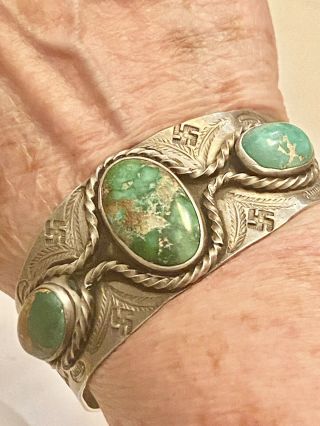 Vtg.  Fred Harvey Era Navajo Green Turquoise Sterling Silver Cuff Bracelet 45.  2gr
