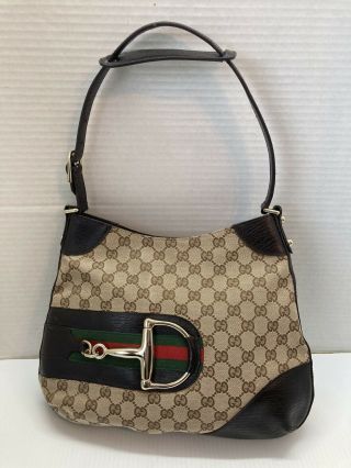 Gucci Gg Canvas Hasler Horsebit Hobo Tan Monogram Shoulder Bag Handbag Women 