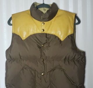 Vintage Rocky Mountain Featherbed Co Sz 38 Down Vest Brown Leather Yoke Western
