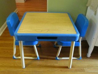 Vintage Fisher Price Table & 2 Chairs Set Child Size Kids Play Art Craft Vgc