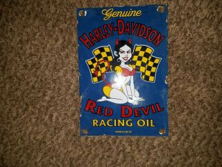 Old Vintage Dated 1953 Red Devil Motorcycle Racing Oil Porcelain Dealer Sign Gas