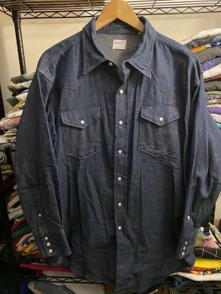 Vintage Wrangler Sanforized Dark Indigo Denim Button Down Shirt 60s 70s L/xl