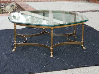 Vintage Labarge Hexagon Brass & Beveled Glass Coffee Table W/ Hoofed Feet