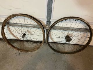Vintage Antique Wood Wheel 36 Spoke 28” Rim With A Steel Rear Skip Tooth Toc Rim
