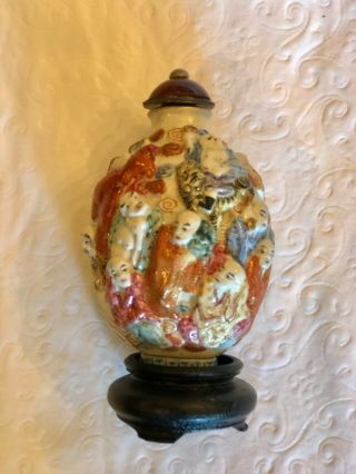 Vintage Porcelain Snuff Bottle With Numerous Figures,  High Reliefs