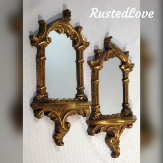 Antique Gilt Gold Wall Mirror Sconces / Corbels Scrolled Hand Crafted Wood Old
