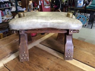 Vintage Leather Camel Saddle Foot Stool With Brass Caps/studs