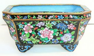 Vintage Octagonal Chinese Enamel On Copper Handpainted Floral Footed Planter