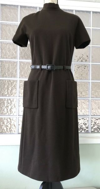 Vintage Norman Norell Brown Wool Jersey Dress Early 70’s Belted Short Sleeve