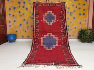 Vintage Berber Handmade Boujad Rug 3ft 6x7ft 4 Red Wool Carpet Geometric Symbols