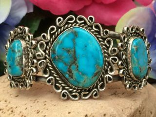 Intricate 1960s Vintage Native American Navajo Turquoise Sterling Cuff Bracelet